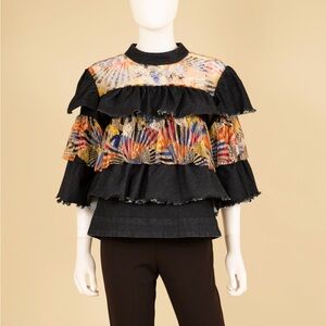 Love this top Denim 
Stretch denim blouse with lace ruffles